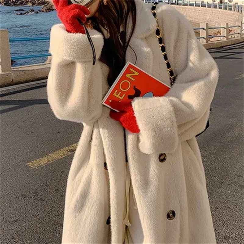 2025 가을 겨울 파카 두꺼운 롱 슈트 칼라 인조 밍크 퍼 원피스 재킷 친환경 퍼 코트 여성 아우터