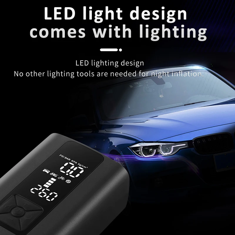 6000mAh Digital Screen Wireless Electric Inflation Pump 150PSI Emergency Air Pump Built in LED Light Mobile Power Bank