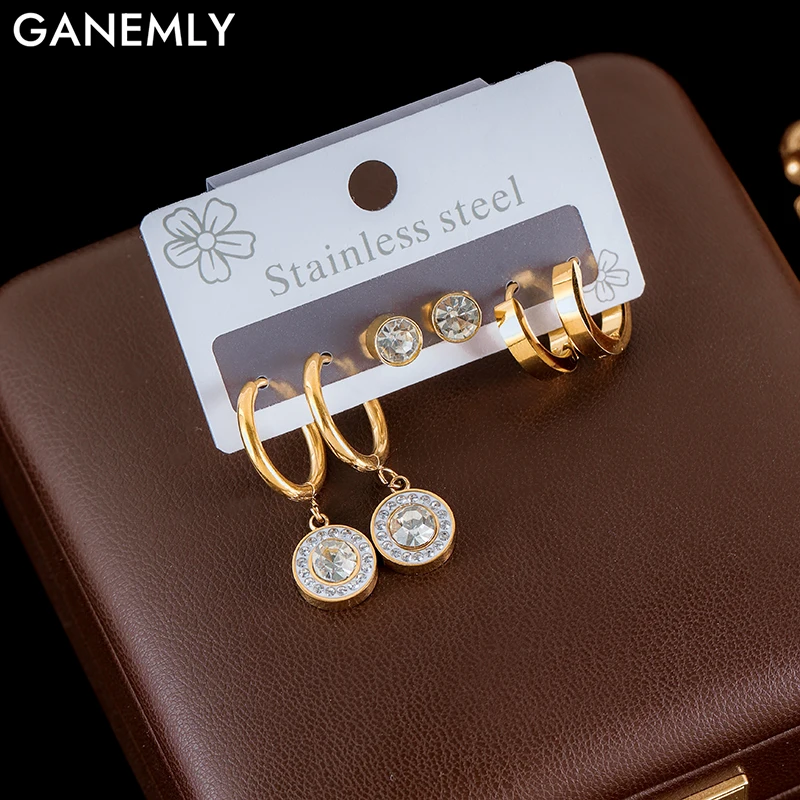 GANEMLY 316L Stainless Steel 3-Pair Metal Round Zircon Earrings Set For Women New Fashion Waterproof Ear Stud Jewelry Gifts