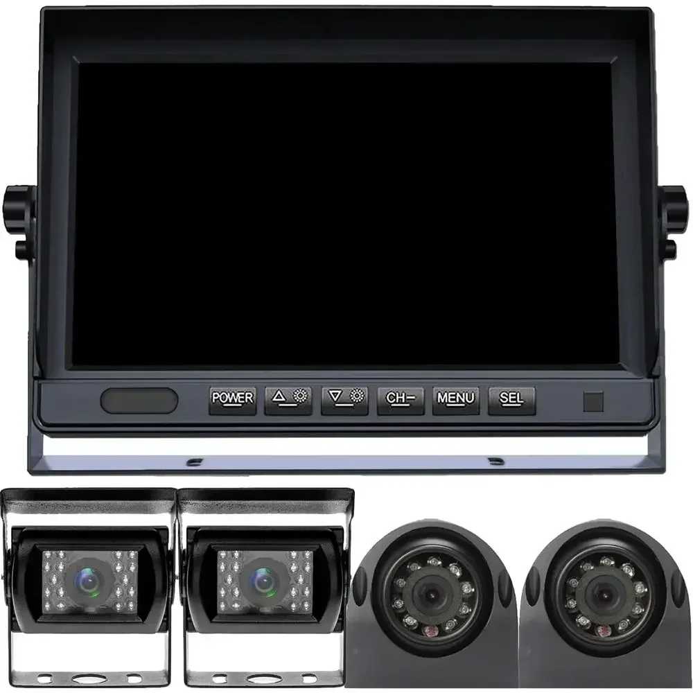 RV Backup Camera System with 7'' Quad Split 1080P Monitor for Truck Trailer Semi Camper Bus & 4 AHD Rear Side View Camera with D