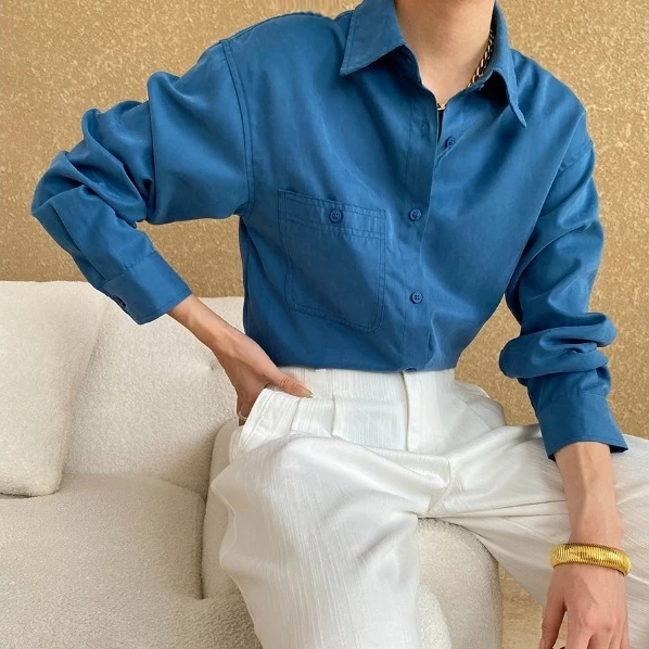 

Женская рубашка, длинные блузки, однотонные карманы, отложной воротник, длинные рукава, однобортный, свободный крой, повседневная офисная женская одежда, осень 2023 г.