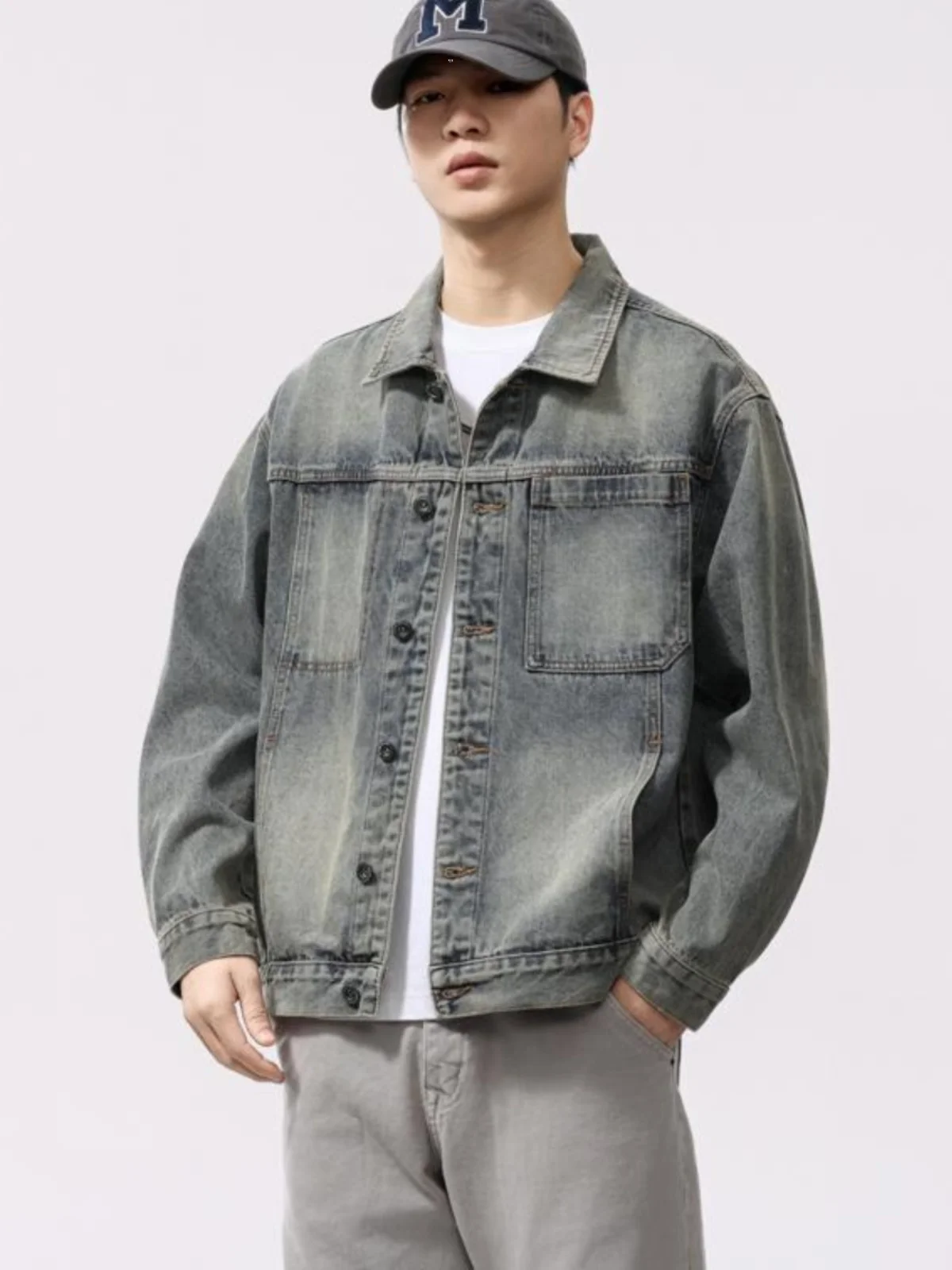 

Ретро-куртка из денима в американском стиле для мужчин, новая весенняя модель, свободный крой, рабочая одежда, модная куртка из смесового хлопка и полиэстера