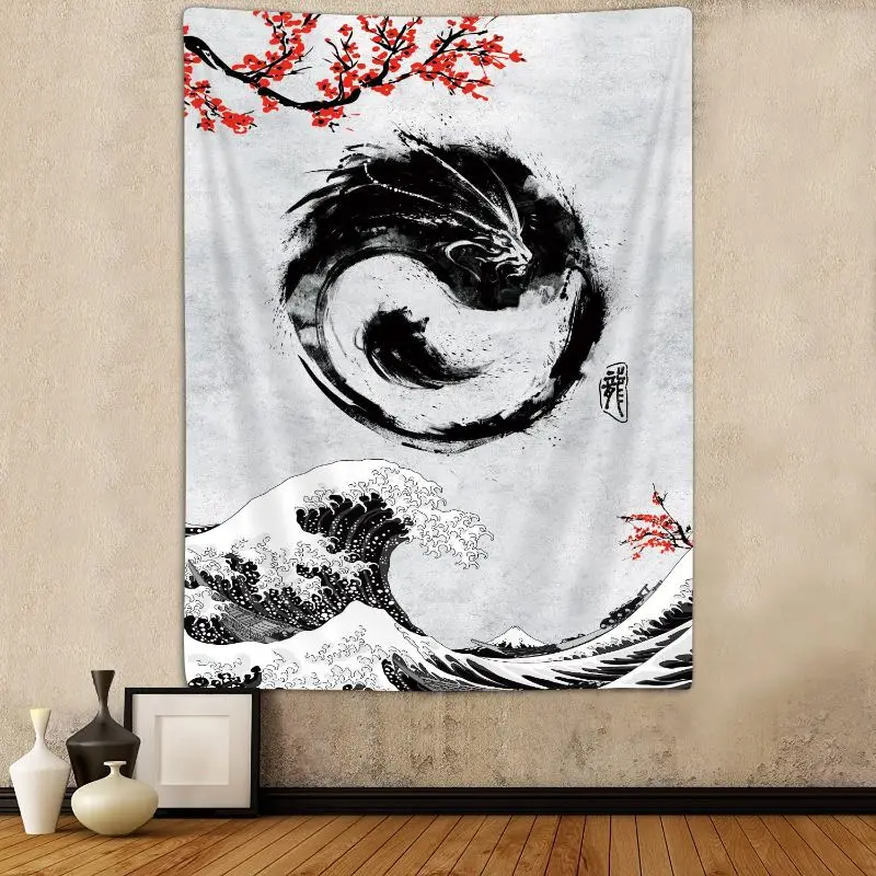 VIKAMA Japanese Ink Dragon Cherry Blossom Surf Wall Tapestry Black White Sumi E Kanji Great Wave Sakura Floral Asian Art Bedroom