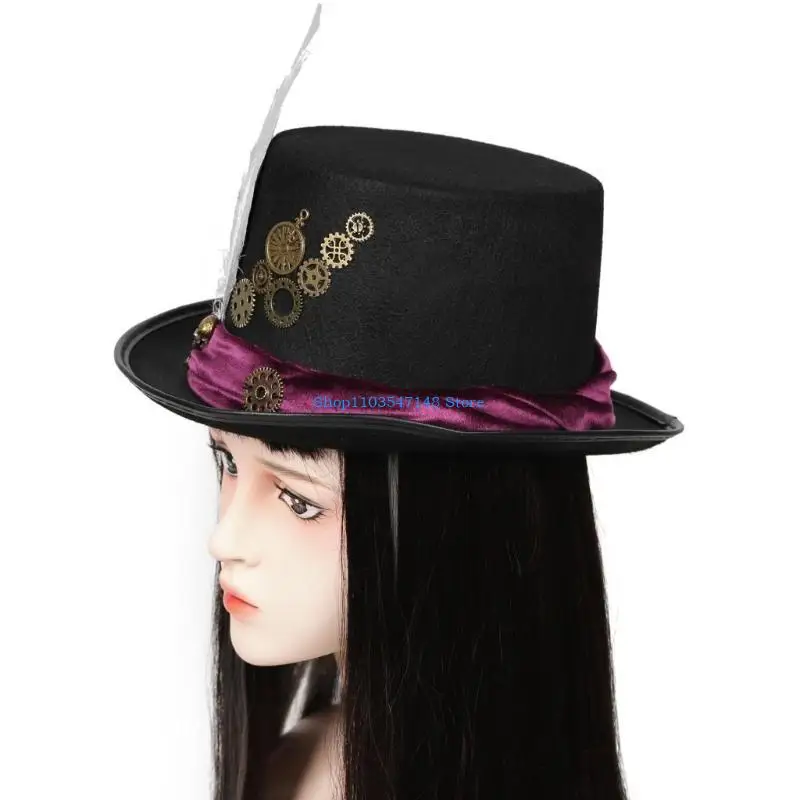 

P88B Unisex Top Hat Steampunk Hat Flat Top Hat Gothics Universal Size Cosplay Party Hat ConcertTour Dressing Novelty Costume