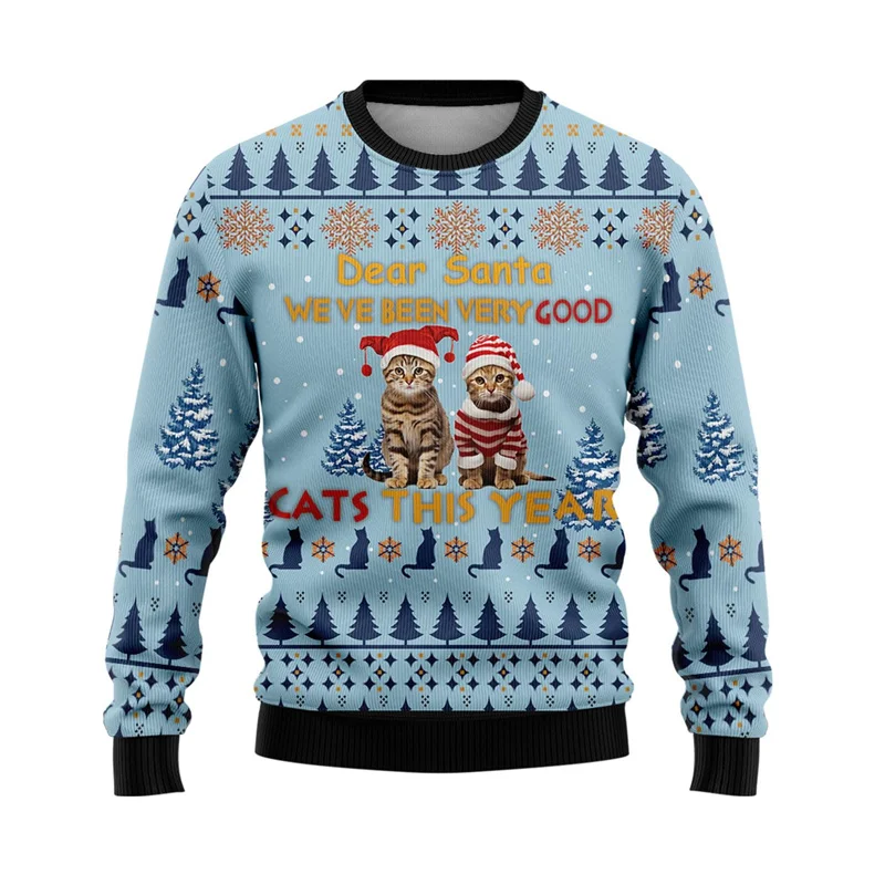 Cat Ugly Christmas Sweater Pet Mens Sweater Xmas Autumn Holiday Crewneck Sweatshirt Kawaii Cats Graphic Sweatshirts Unisex Tops