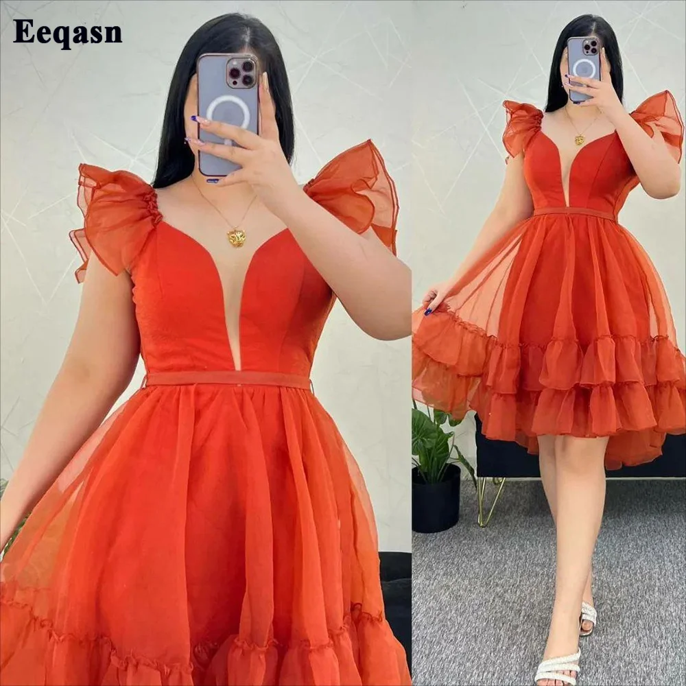 

Eeqasn Orange Short Prom Dresses Deep V-Neck Knee-Length Tiered Formal Graduation Dress Women Wedding Party Bridesmaid Gowns