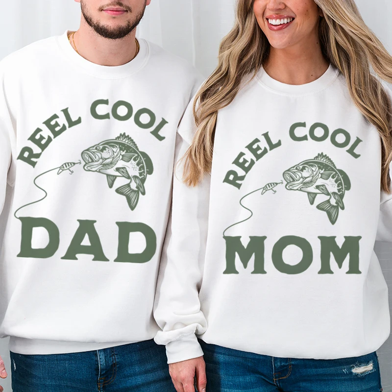 

Fun Fishing "Reel Cool Mom/Dad" Sweatshirts Women Men Long Sleeve Fishing Lover Gifts Tops Round Neck Couple Matching Pullover