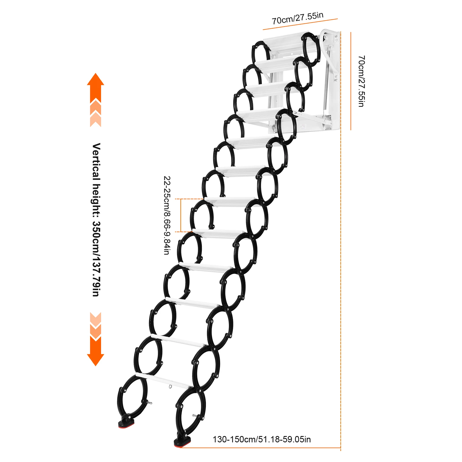 Pull Down Attic Ladder Wall-mounted Telescopic Stairs Anti-Slip Step Attic Telescopic Staircase with Armrests for Attic Access