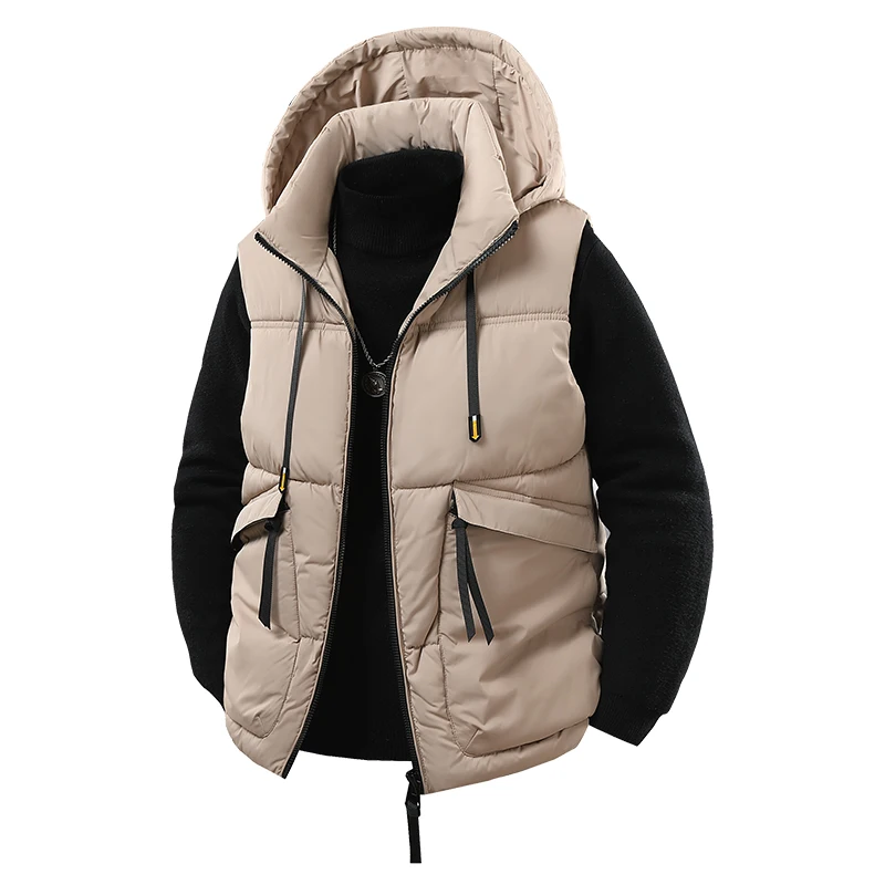 Winter Down Cotton Jacket Vest Men's Cool and Trendy Vest Men's Workwear Cotton Vest Multi-pocket Zipper Solid Color Hooded Vest