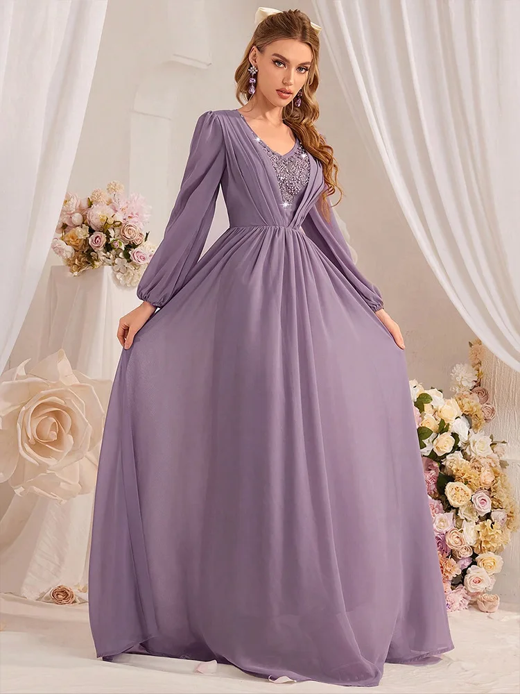 Elegant Women Chiffon Maxi Dress Beaded Kaftan Dubai Abaya Muslim Evening Party Dresses Turkey Caftan Arabic Robe Vestidos Gown