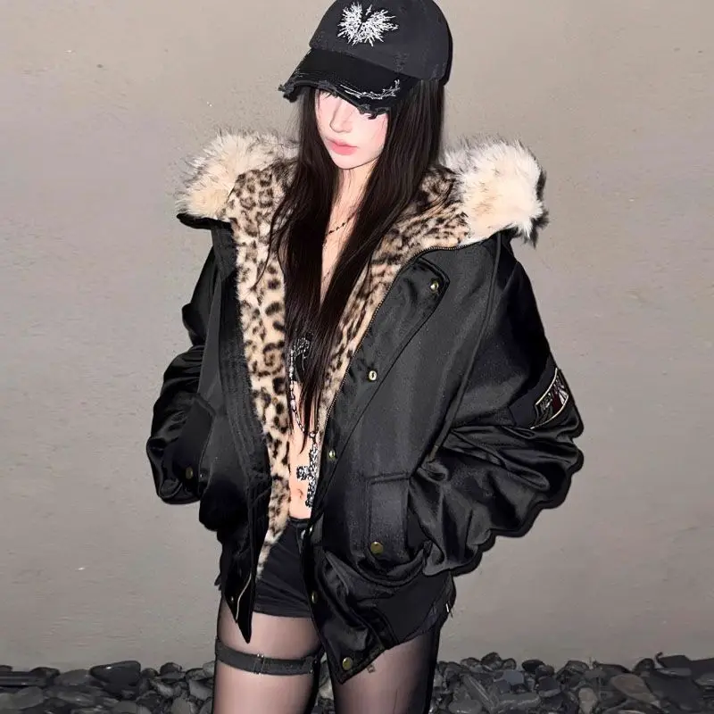 Y2K Streetwear Parka Jacket Women Faux Fur Trim Hood Leopard Print Lining Patch Thick Fleece Lined Cropped Winter Casual Outfit