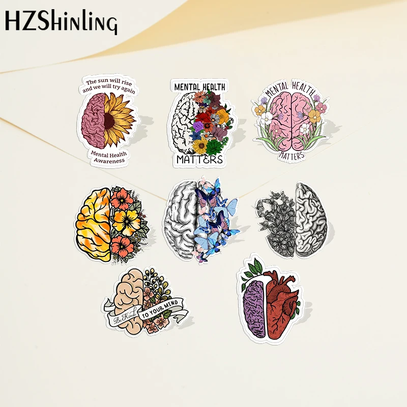 2022 Mental Health Cartoon Heart with Flowers Butterfly Acrylic Lapel Pin Resin Epoxy Acrylic Pins Fashion Jewelry Accessories