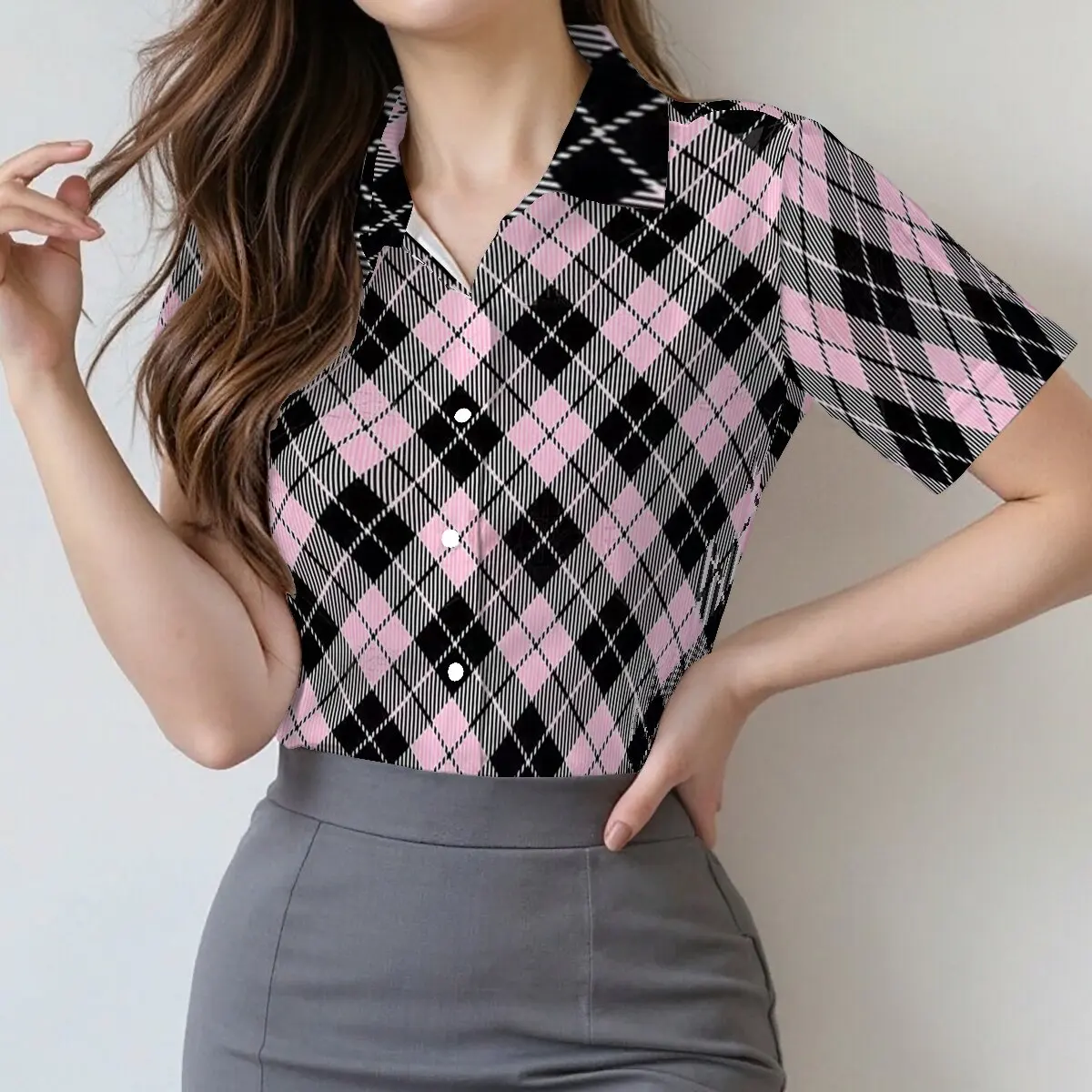 

Летняя женская рубашка с коротким рукавом и розово-черным узором в стиле аргайл, в стиле ретро, милая и стильная, привлекательная и яркая, подходит для любого случая.