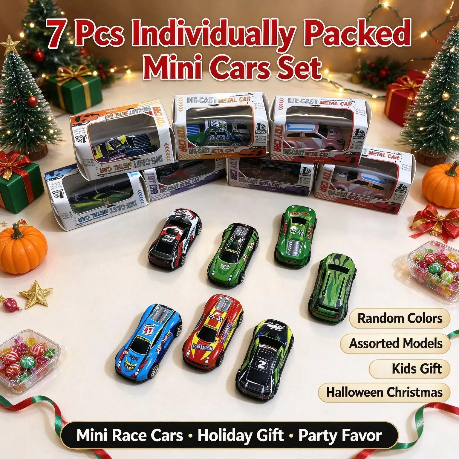 7Pcs Individually Packed Sliding Toy Cars,Random Colors,Assorted Models,Kids Gift,Birthday,Halloween,Thanksgiving,Christmas