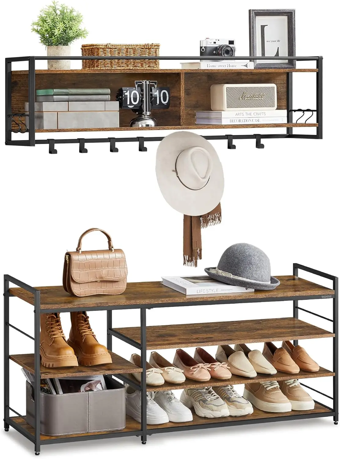 

Hall Tree With Shoe Bench, Coat Ra Shoe Bench Set, Entryway Furniture, Multifunctional, 12 Metal Hooks, 4-Tier Shoe Ra, For