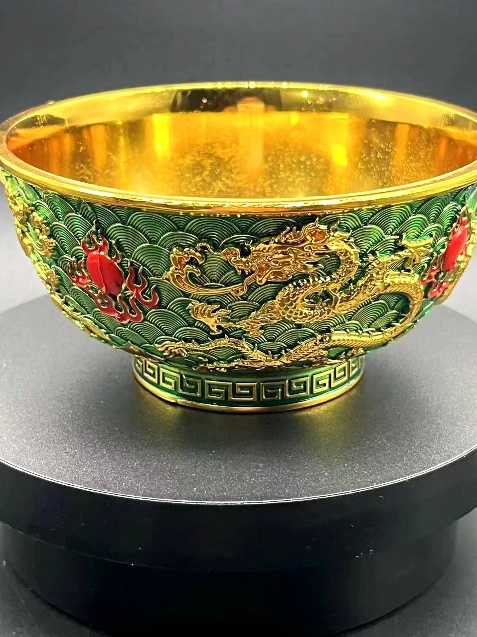 Vintage Dragon Teng, Prosperous Era, Twisted Silk Enamel Gold Bowl, Dragon Cup