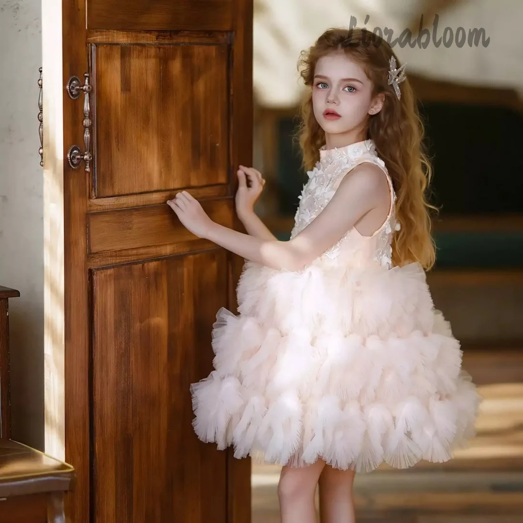 Vestido de Fiesta Formal para Niñas Hecho a Medida, Vestido de Dama de Honor Voluminoso con Capas y Flores, Traje de Fiesta de Boda para Mujer, Vestido de Novia