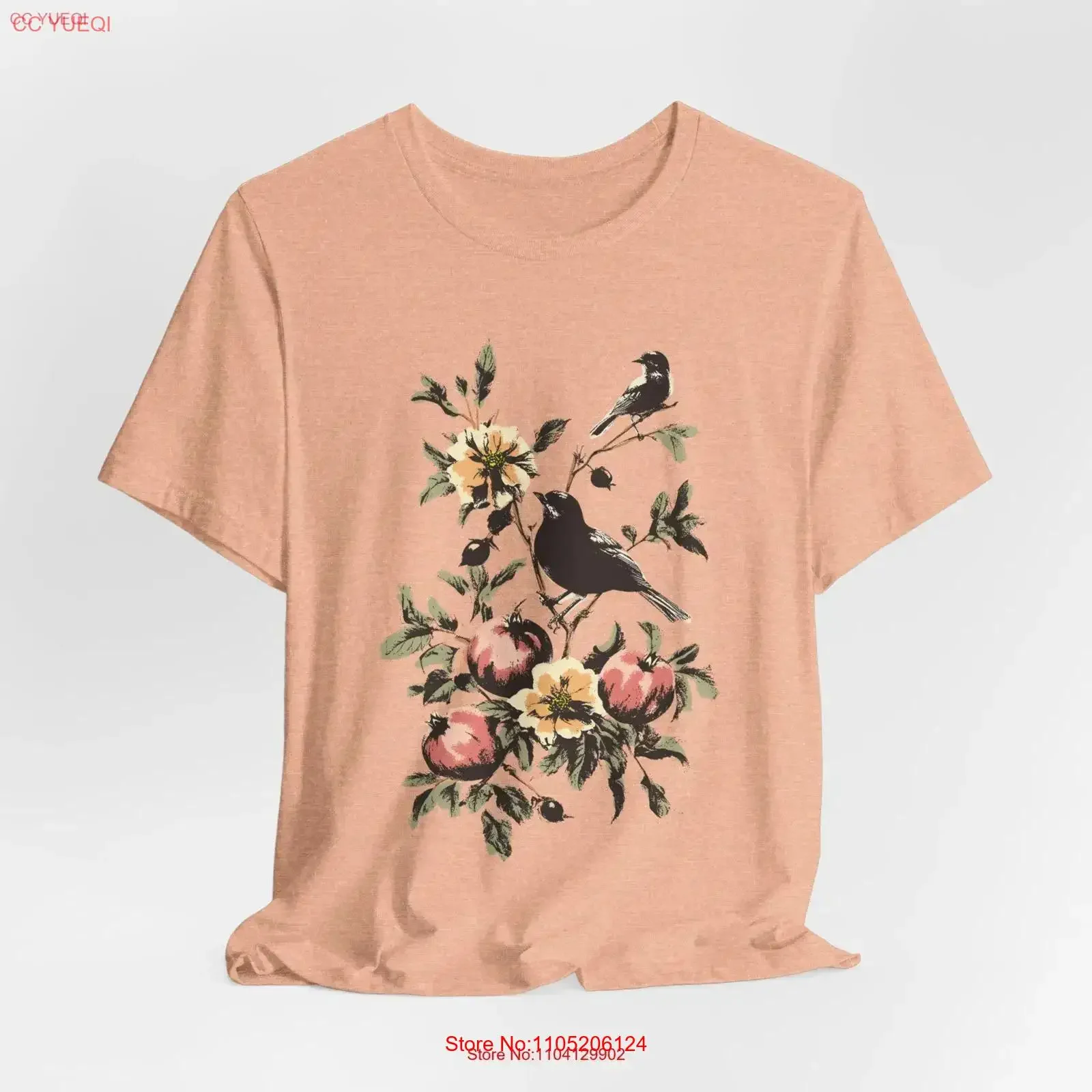 

Birds Pomegranate T Shirt N Floral Fruit Lovers Bohemian for her Vintage Style vintage Washed Slightly fashion Versatile