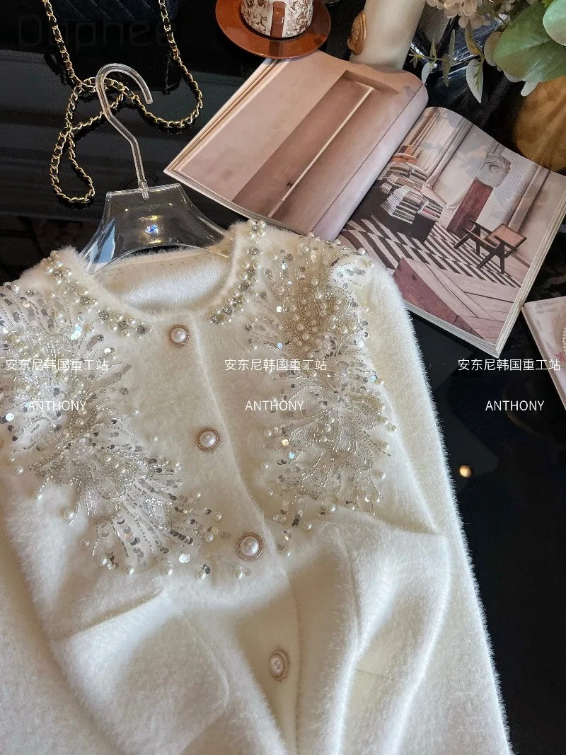 Kardigan Pendek Mewah Prancis Berpayet, Bordir Berat, Berhiaskan Batu Rhinestone, Lengan Panjang, Elegan, untuk Wanita Sosialita, Warna Putih