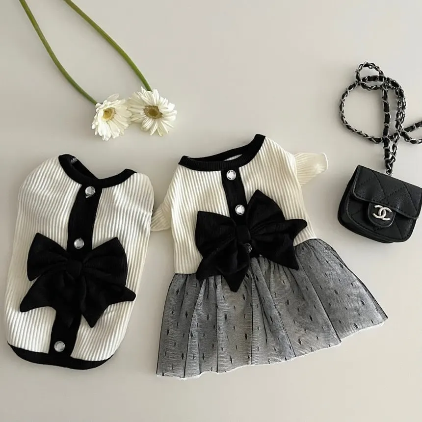 

Luxury Dog Dress for Small Dog Puppy Girl Clothes Summer Cat Apparel Bow Lace Pet Skirt Black White Dog T Shirt Chihuahua Outfit