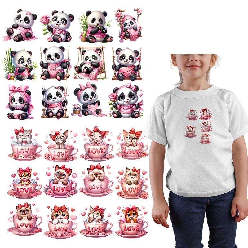 Bonito amor carta chá xícara gato e panda transferências, roupas infantis, impressão de transferência de calor, imprensa