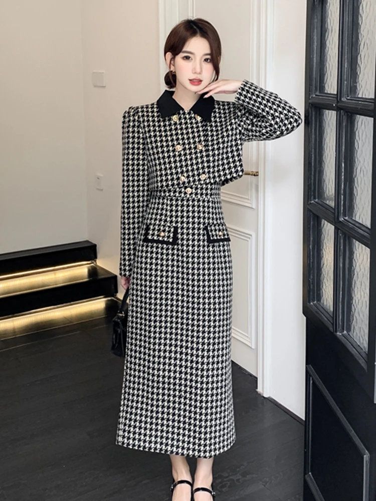 High Quality Vintage Small Fragrance Two Piece Set Women Short Jacket Coat + Sling Sexy Long Dress Suits Elegant 2 Piece Sets