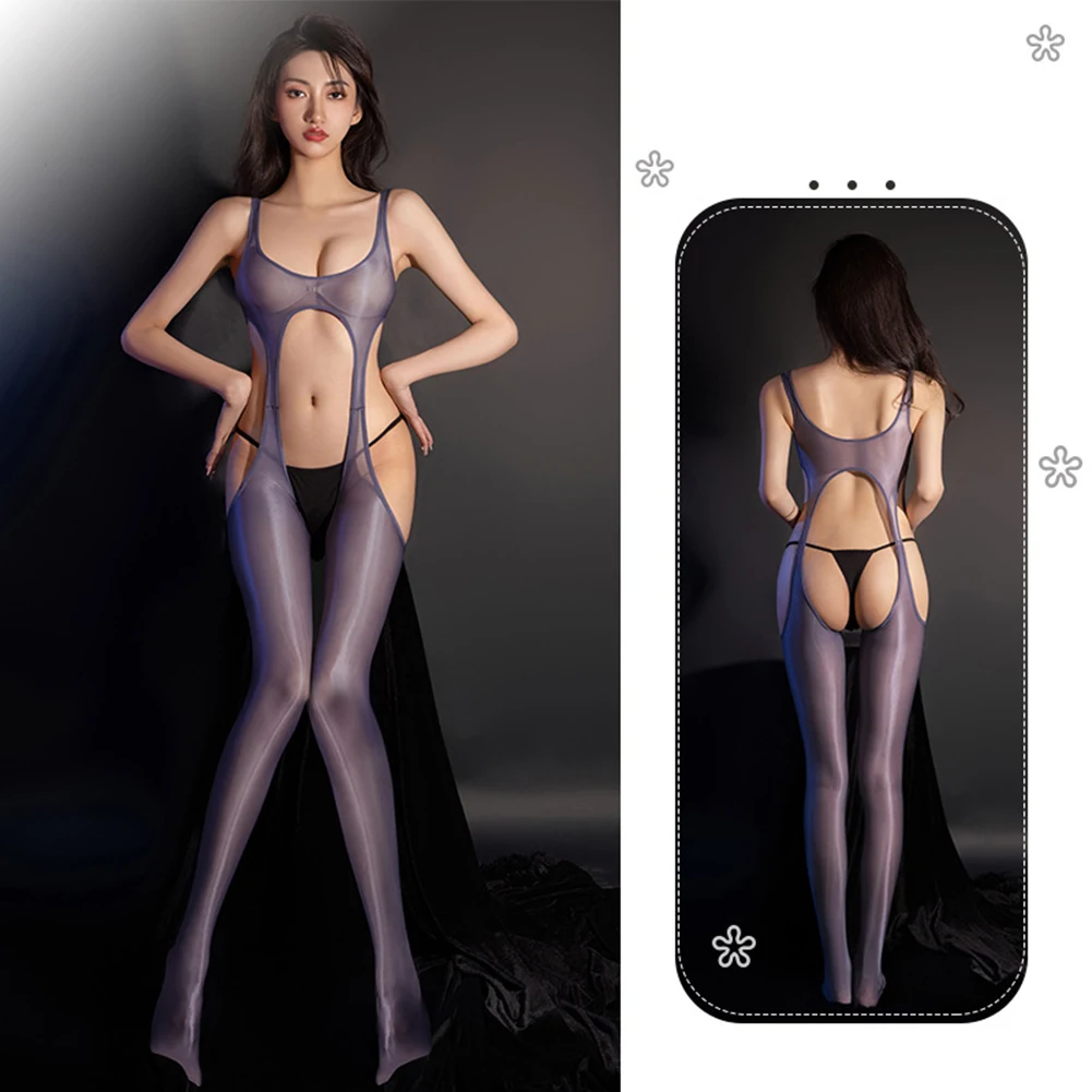 Oil Glossy Shiny Sexy Tight Bodystocking Open Crotch Bodysuit Hollow Out OnePiece Body Stockings Leotard See Through Tights