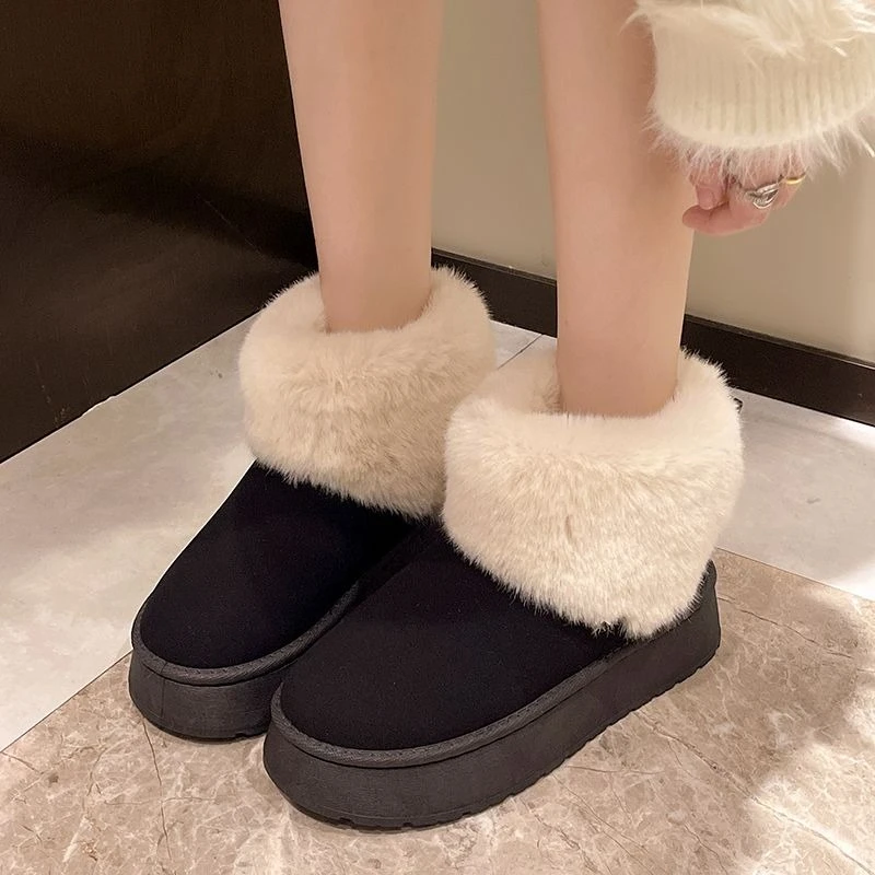 Women Winter Platform Snow Boots Warm Plush Lined Thick Sole Casual Bread Shoes Student Cotton Booties