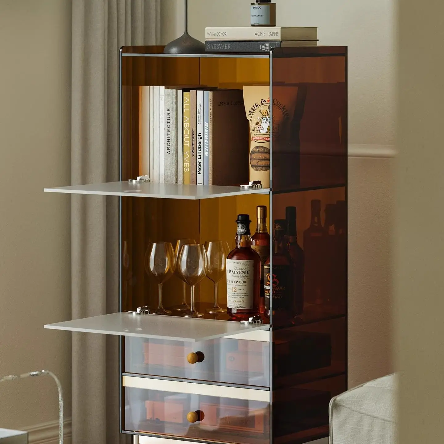 خزانة جانبية لأريكة تلفزيون غرفة المعيشة من الأكريليك، وخزانة تخزين عتيقة، ورف عرض شقة صغيرة على الحائط، وخزانة كتب #5