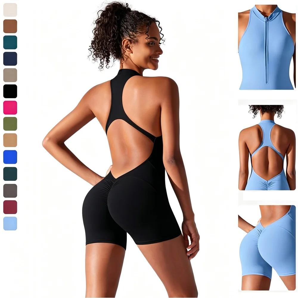 

Scrunch Women Yoga Jumpsuits Half Zipper Gym Bodysuits Push Up Workout Clothes Fitness Sports Yoga Bodysuit Sleeveless Jumpsuit