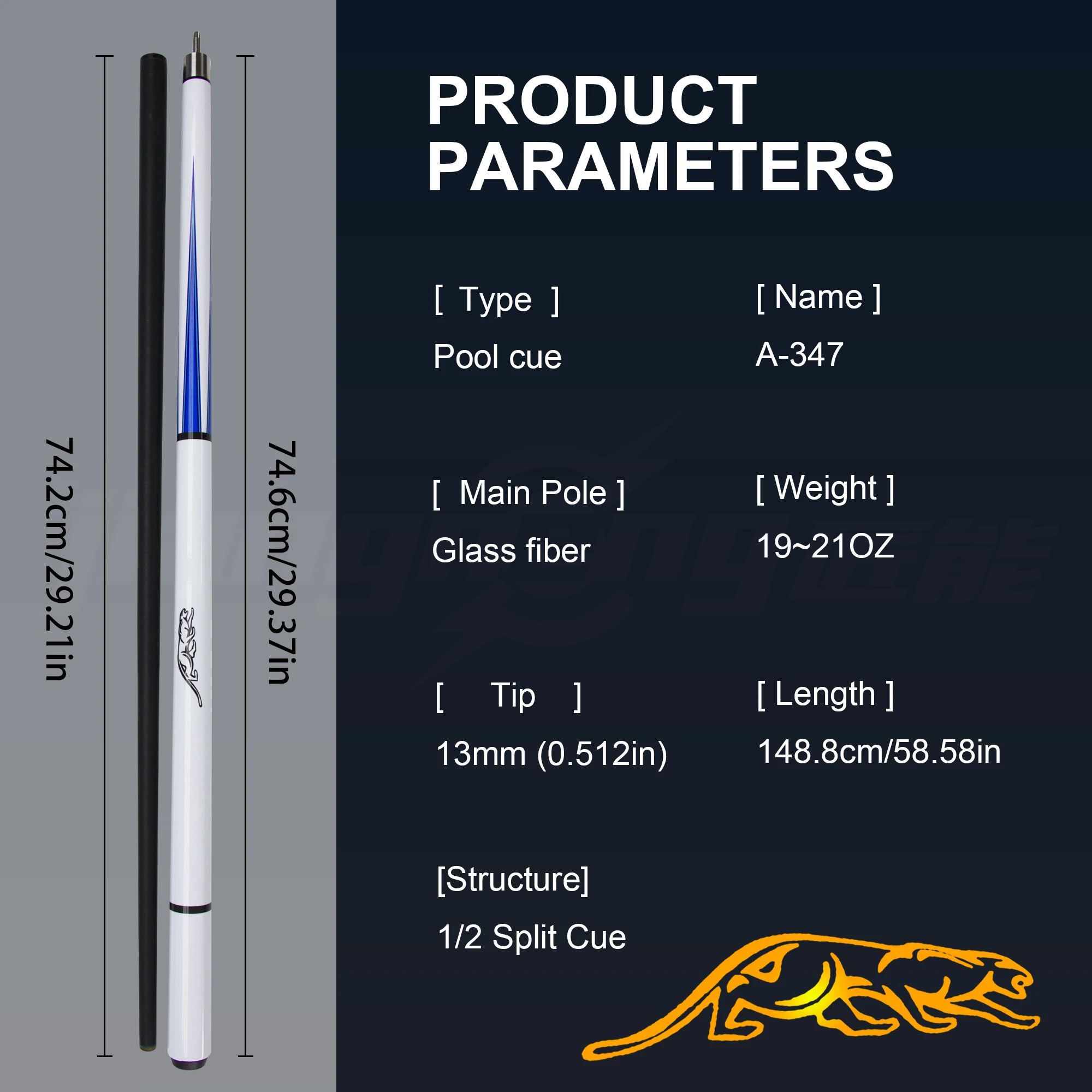 13mm High Elasticity Tip with Snow Leopard Blue Pattern Pool Cue Professional Billiard Cue with Glass Fiber Shock Absorption
