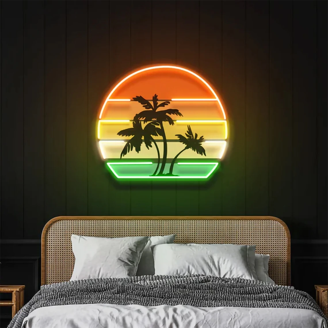 Sunset Neon Sign UV Printed Sunset Sunrise Palm Tree Neon Sea Landscape Artwork Neon Office Home Shop Wall Decor