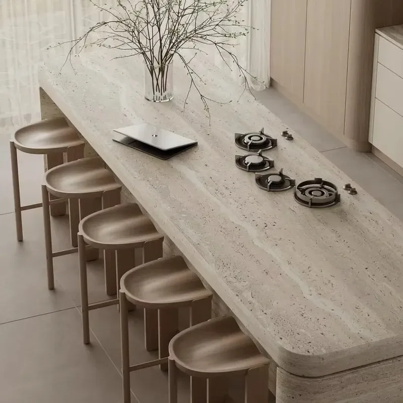 Modern Luxury Travertine Kitchen Island Table Natural Stone Marble Hinges One Stop Solution Style Furniture