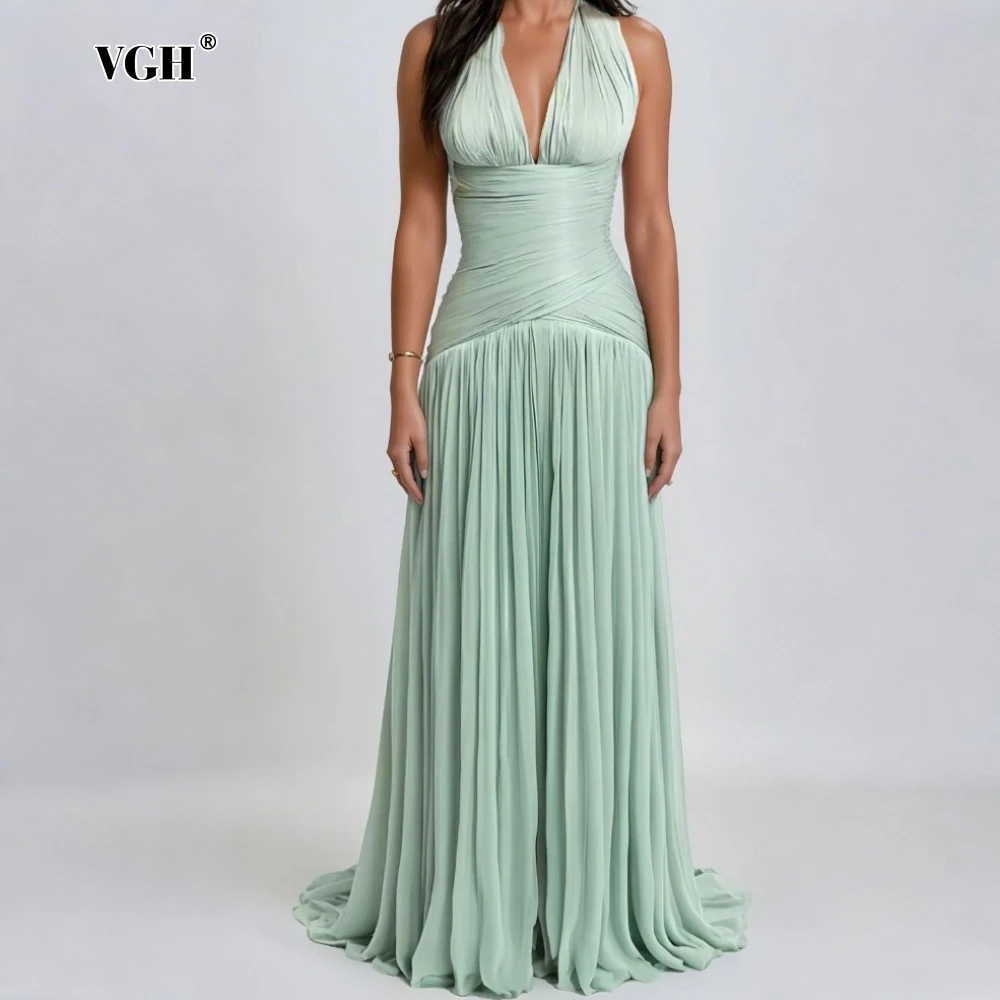 VGH Sexy Patchwork Rückenfreies Kleid für Frauen Neckholder Ärmellos Gespleißt Falten Hohe Taille Schlank Design Maxi Kleider Weibliche Neue
