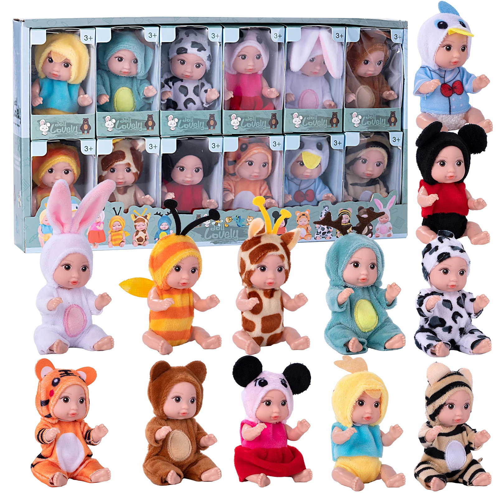 

12 Pcs Mini Baby Dolls, 4-inch Realistic Small Dolls, with Animal Costumes, Cute Doll Gifts, Ideal for Girls, Kids, Birthdays, B