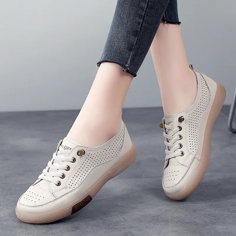 Women Flat Shoes Summer Breathable Cutout Casual Shoes Ladies Soft Bottom Genuine Leather Flats White Shoes Woman