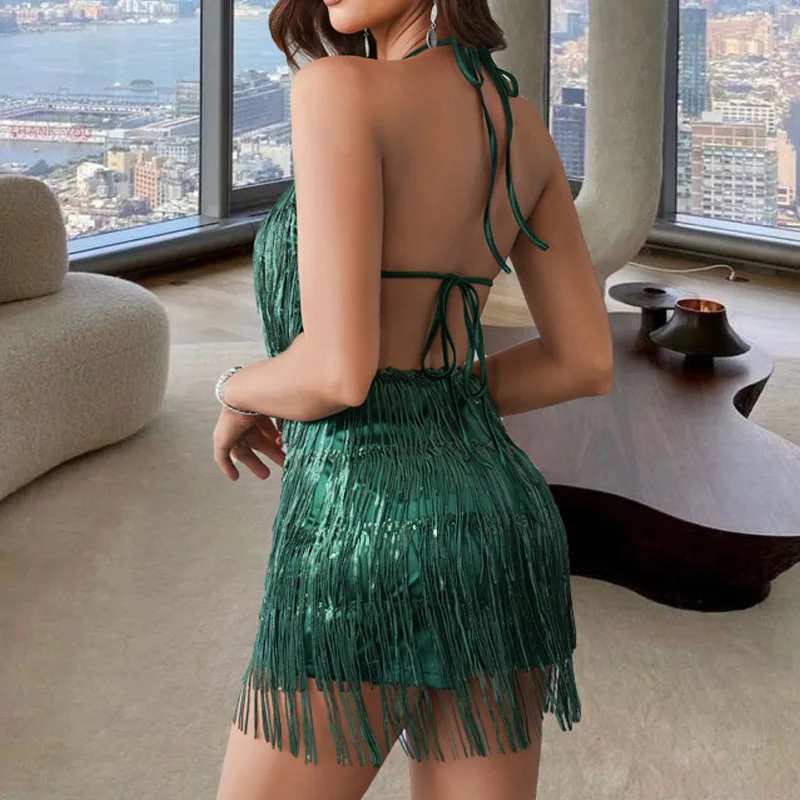 Hot selling sexy night club style camisole dress pants; European and American fashion hot girl backless sequin tassel jumpsuit.