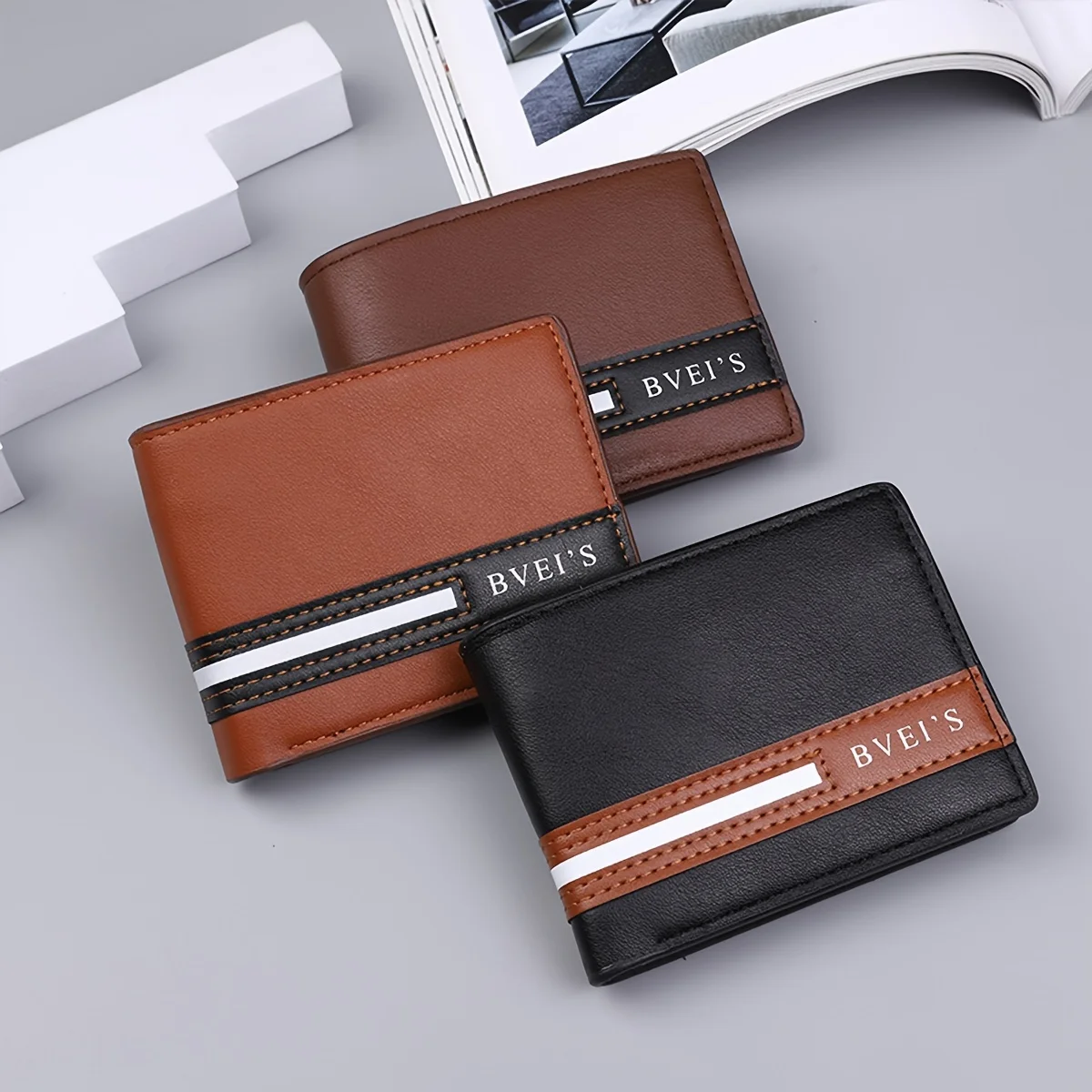 Men'S High Quality PU Wallet - Casual Style with Alphabet Pattern, Color Block Detail, Multi-Card Holder, Bifold Short Purse