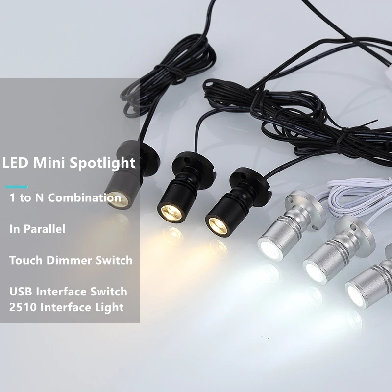 Mini DC5V foco LED, lámpara de armario para escaparate de joyas, Kit de iluminación de atenuación de 1W, ángulo ajustable, foco de aluminio, enchufe