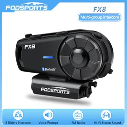 Fodsports FX8-intercomunicador moto para 8 Riders 2000M,casco moto IP65 Auriculares impermeables para casco, Bluetooth 5.0 Intercomunicador Moto Radio FM, Interfono de emparejamiento universal 900mAh