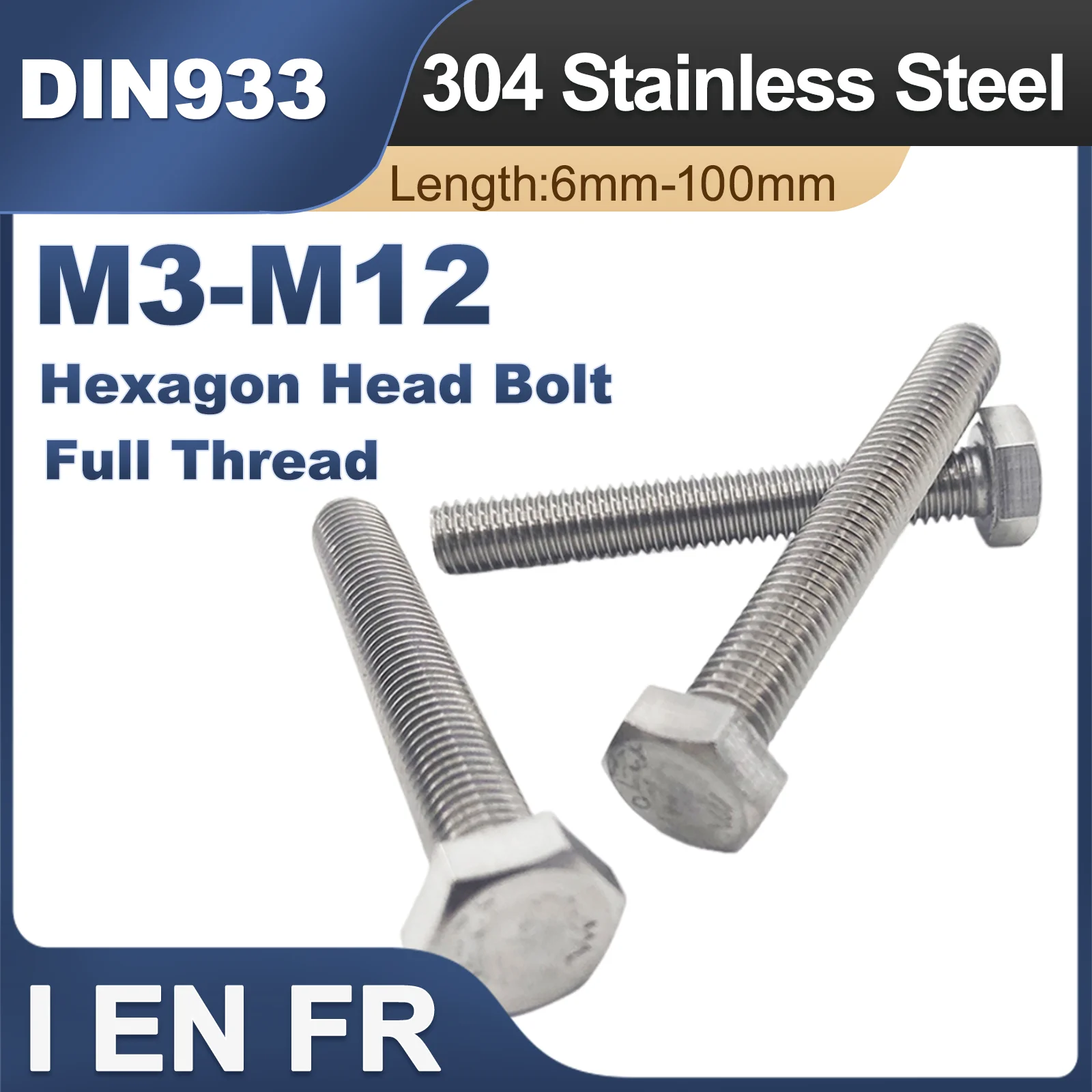 1/10X M3 M4 M5 M6 M8 M10 M12 DIN933 GB5783 304 Stainless External Hex Full Thread External Outside Hexagon Head Cap Screw Bolt