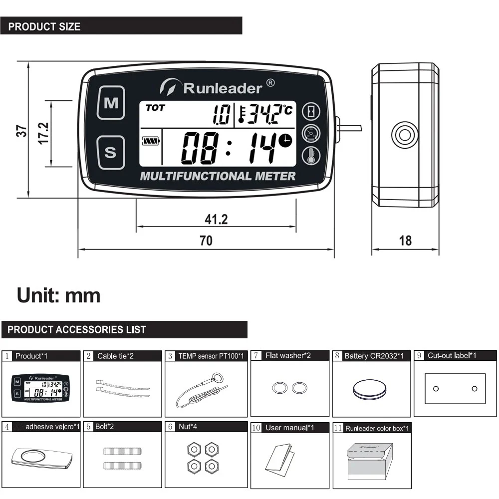 Digitaler Tach/Stunden-Meter, Motor temperatur anzeige, Alarm U/min und Temperatur, Hintergrund beleuchtung für Rasen traktor Kompressor Generator Schnee – Detail 6