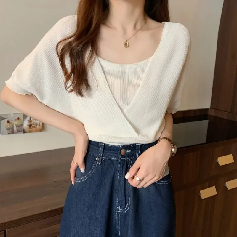 ZHUANQING Summer Fashion Solid Casual Vest Pullover camicetta da donna falso vestito a due pezzi manica corta Slim Tees Top semplice delicato