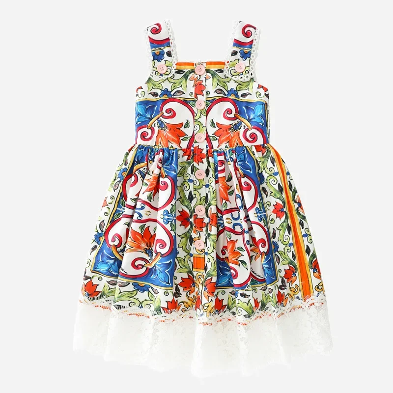 Summer Children's Camisole Dress with Colorful Ceramic Print Slim Fit Skirt