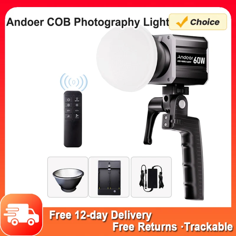 Andoer 60W COB Photography Light Trójkolorowa lampa wideo LED 2800K-6800K Możliwość przyciemniania z uchwytem odblaskowym i pilotem do transmisji na