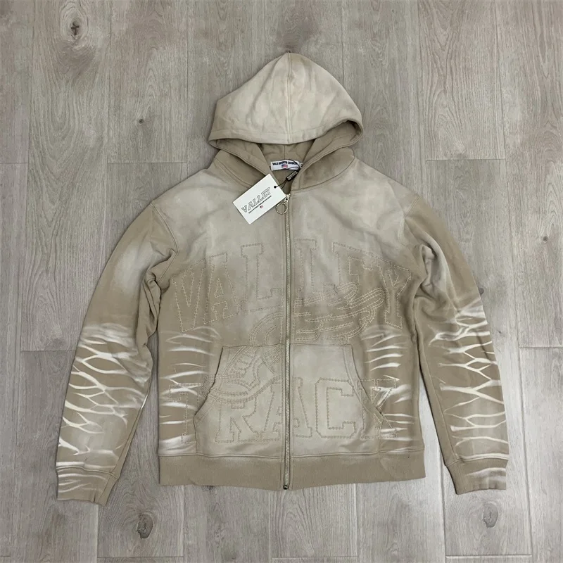 

Embroidered Logo VALLEY Hooded Jackets Men Women Washed American Streetwear Pure Cotton Vale Oversized Hoodie