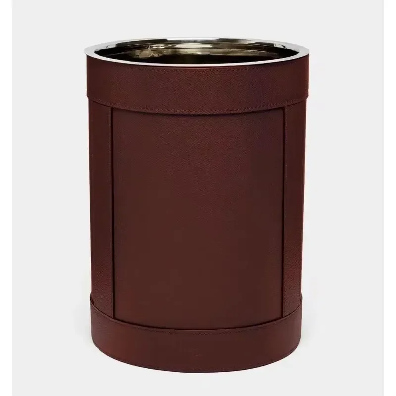 Luxury 304 Stainless Steel Trash Can Double Layer Metal Waste Bin with Leather Hotel Bathroom Paper Basket Custom Wholesale