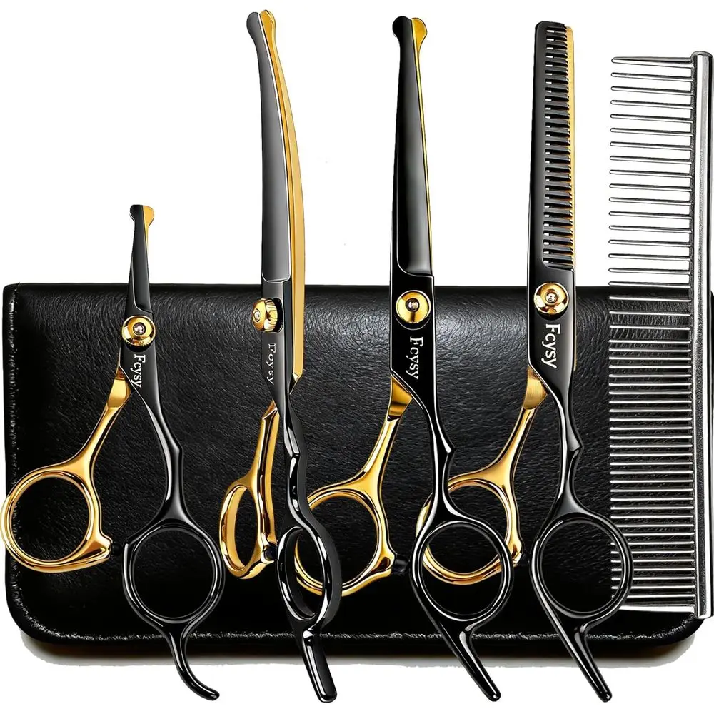 Pet Grooming Kit: Premium Shears for Dogs and Cats, Set with Curved & Straight Blades