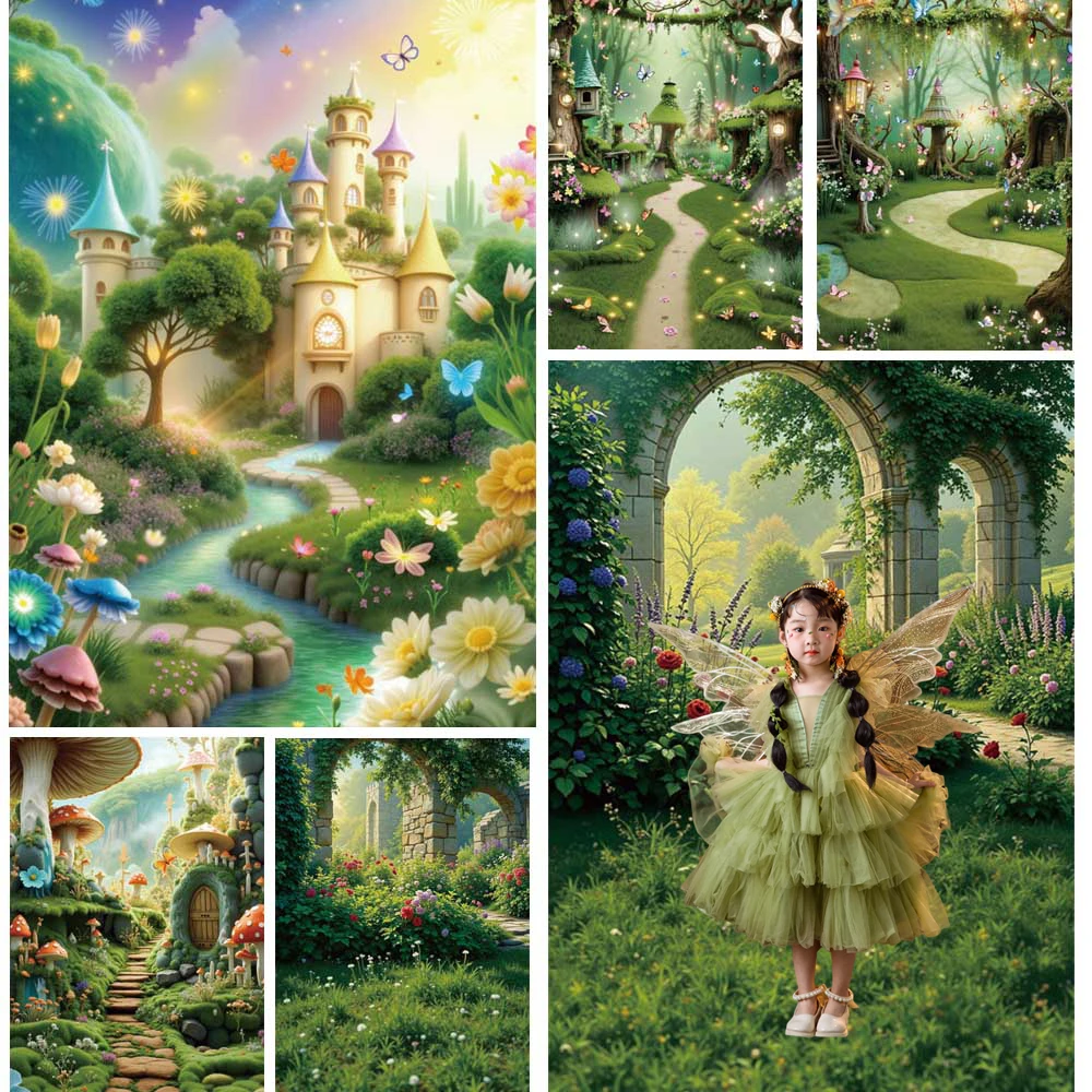 

MOON.QG Fantasy Kingdom Photographic Background Colorful Castle Spring Birthday Stone Arches Backdrop Children Photoshoot Studio