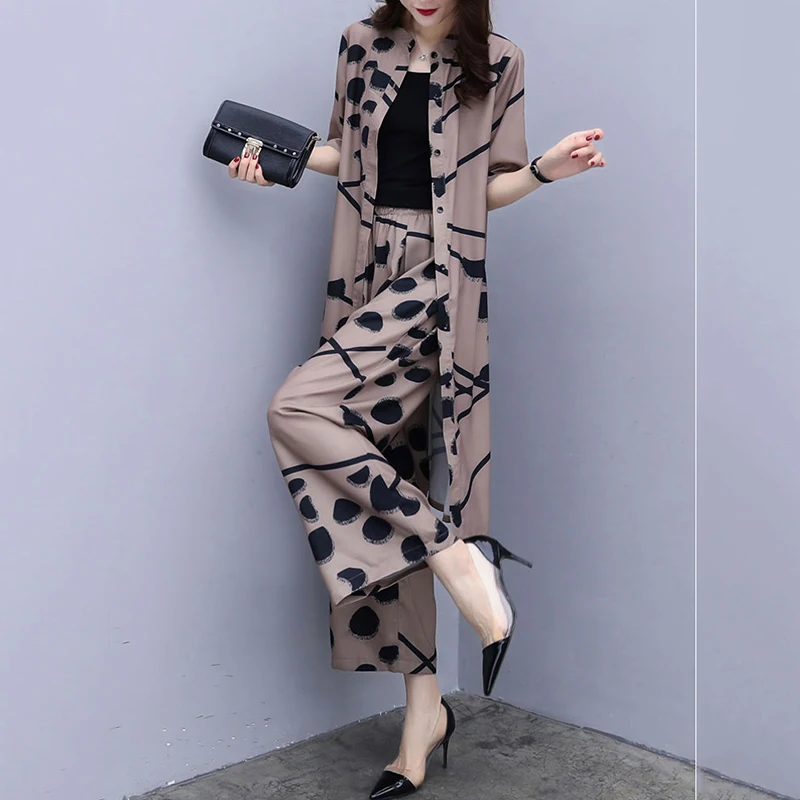 

Womens Clothing Vintage Fashion Cardigan Tops Half Sleeve Printed Two Piece Set Summer Casual Luxury Wide Leg Pants Sets Female